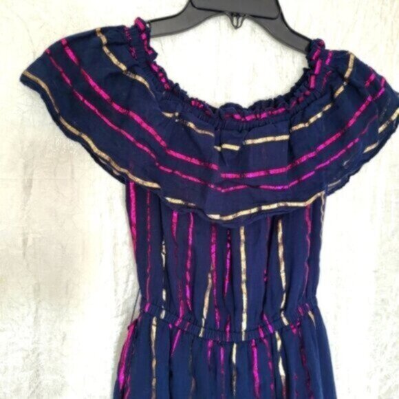 Maison Jules Blue Cotton  metallic stripe Ruffe Maxi Dress Women’s  XXS - Picture 1 of 12